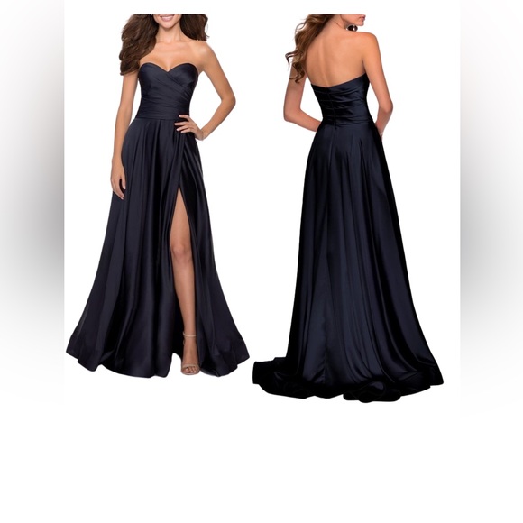 La Femme Navy Blue Strapless Slit Satin Ballgown - Picture 3 of 9